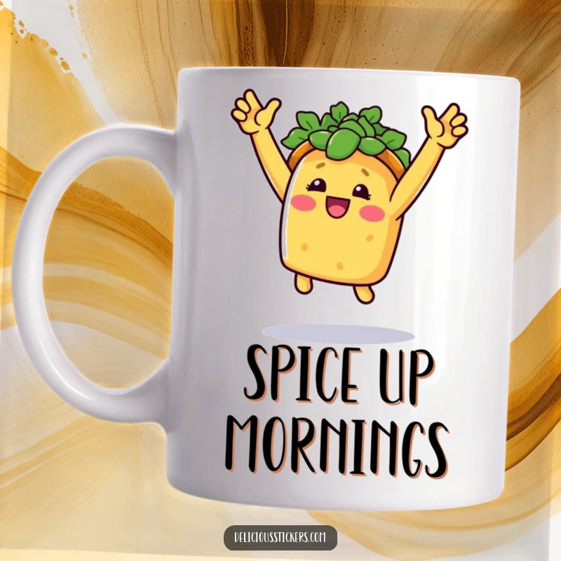 Funny taco jump mug showing a smiling taco with arms raised, celebrating a victory with excitement.