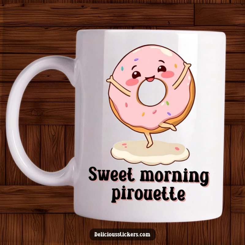 Funny mug featuring an ecstatic donut character gracefully performing a ballet twirl on a swirl of frosting.