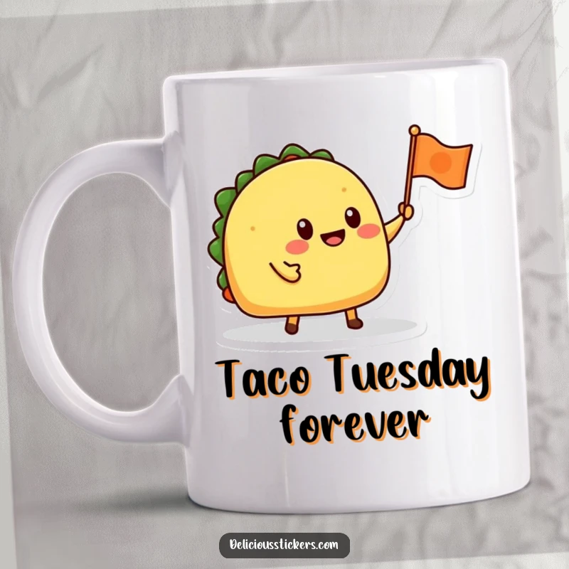 Funny mug with a smiling taco character enthusiastically waving a small, colorful flag, celebrating with joy.