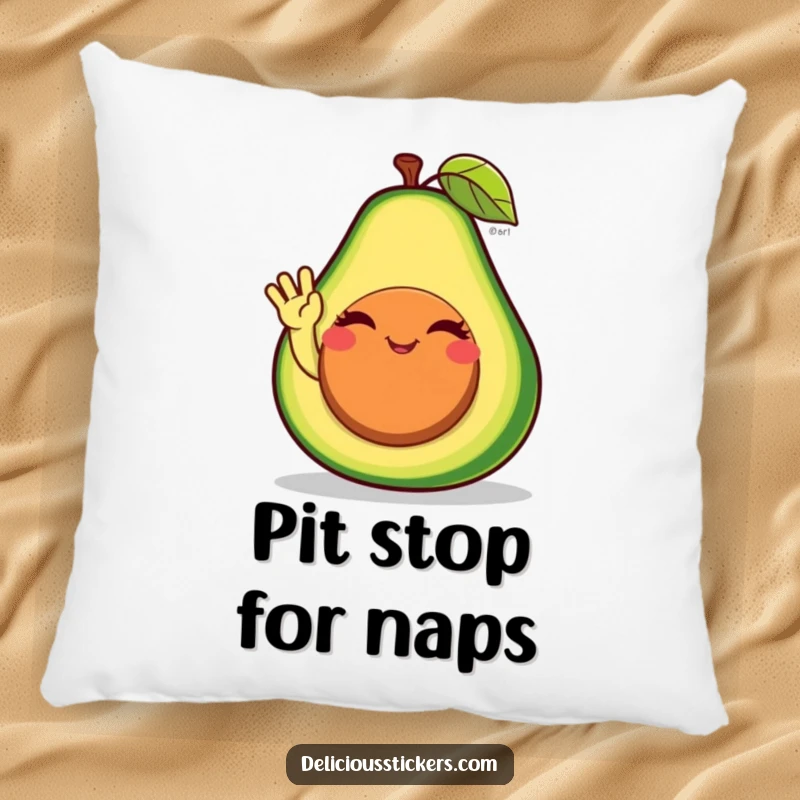 Funny avocado pillow character winking and waving, providing a soft and humorous accent for sofas or beds.