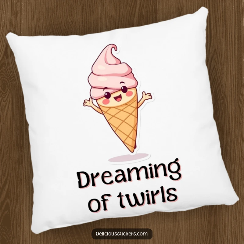 Funny ice cream cone pillow character in a cute dance pose, offering a soft and humorous decorative accent for any cozy space.