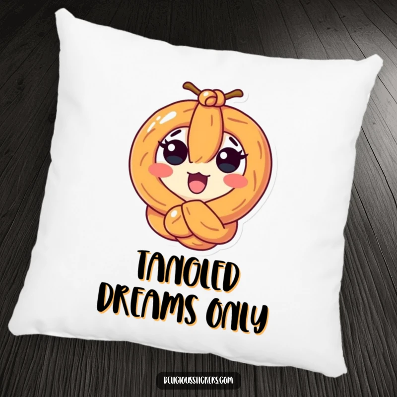 Funny surprised pretzel character tied in a knot on a soft, decorative pillow, adding humorous comfort.