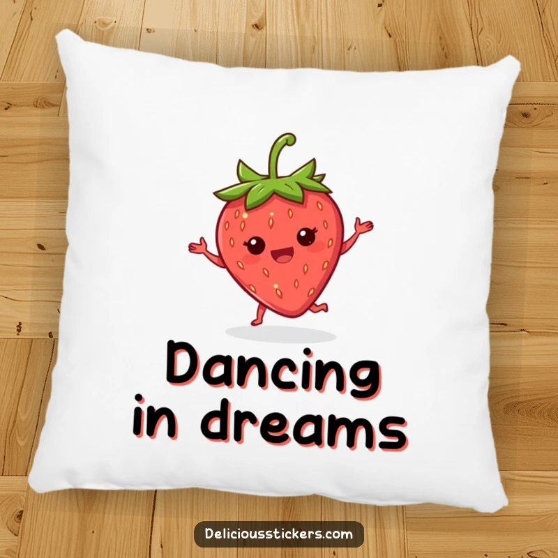 Funny strawberry dance pillow featuring a delighted strawberry doing a happy little jig with its leaves, perfect for comfort.