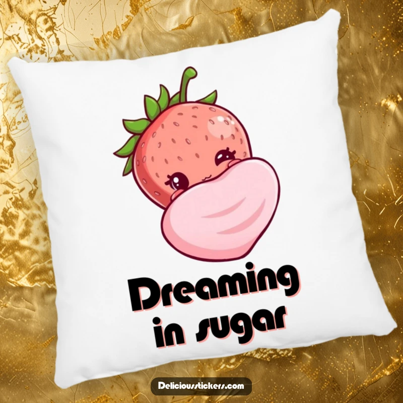 Funny shy strawberry pillow, peeking bashfully from behind a large candy, offering comfort and adorable, sweet humor.