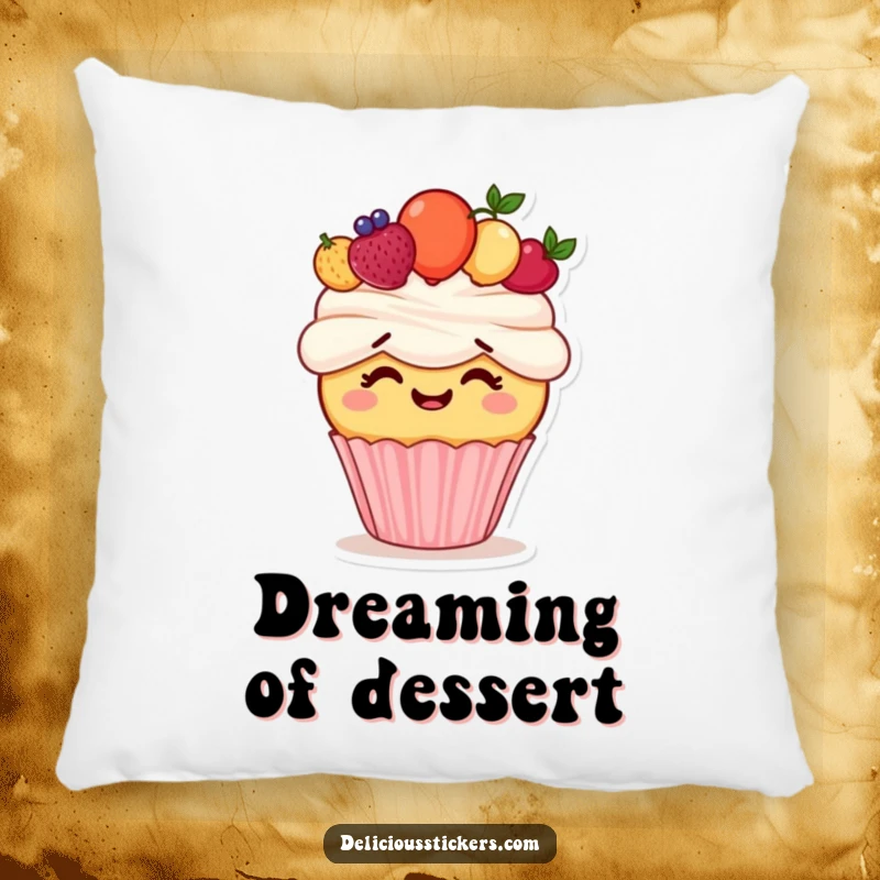 Funny pillow featuring a giggling cupcake character attempting to wear a fruit crown, perfect for adding sweet humor and comfort.