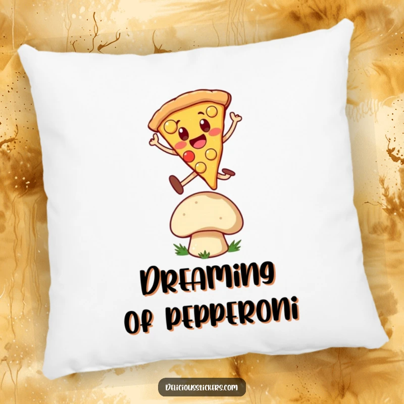 Funny Pillow: A cheerful pizza slice character captured in a dynamic jump over a mushroom, offering cartoonish comfort and humor.