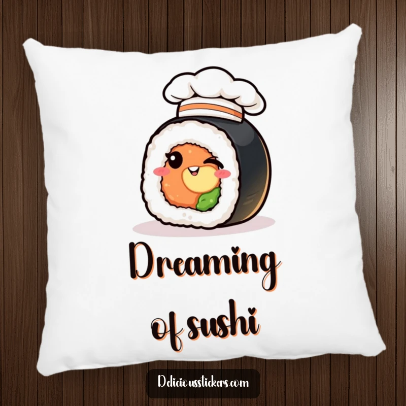 Funny sushi roll pillow, winking chef hat, a soft cartoon character for humorous home decor.