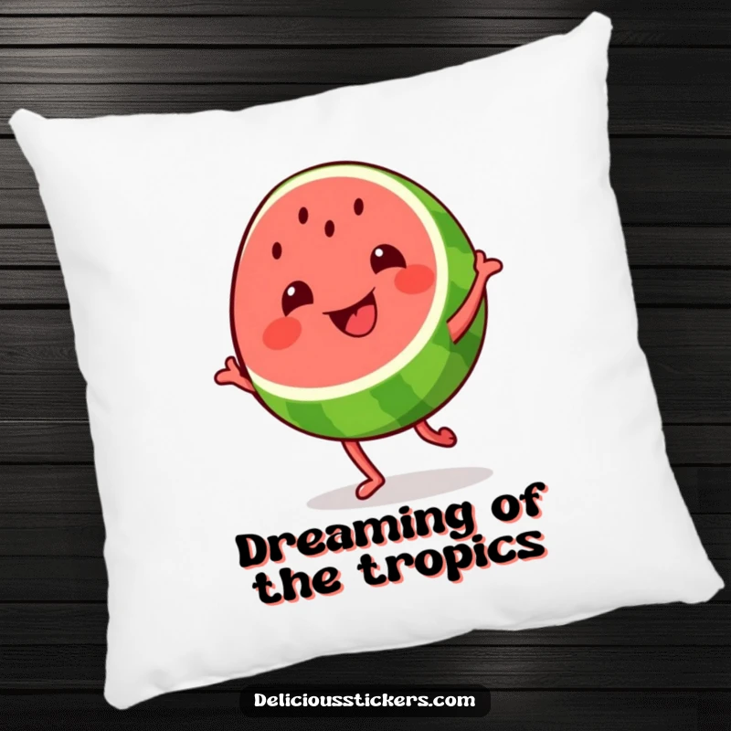 Funny grinning watermelon slice pillow, a soft cushion featuring a happy watermelon slice dancing with pure delight.