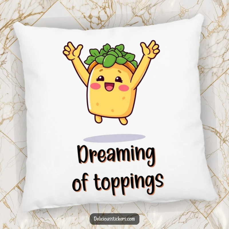 Funny taco fiesta pillow featuring a smiling taco in a triumphant jump with arms raised, perfect for lounging.
