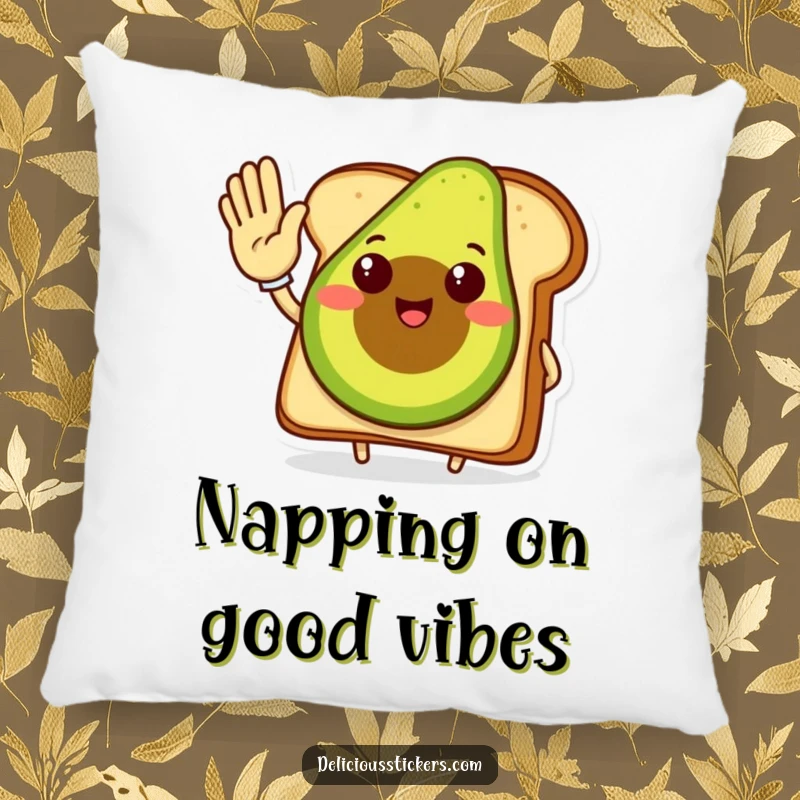 Funny avocado toast pillow, a smiling avocado toast character giving a high five, soft and decorative.