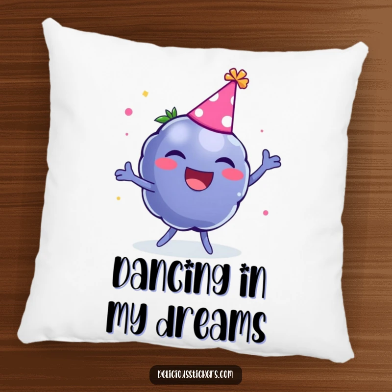 Funny throw pillow featuring a laughing blueberry wearing a party hat and dancing, designed for comfort and fun.