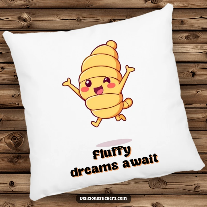 Funny croissant leap pillow, a cheerful croissant character leaping into the air, soft and decorative.