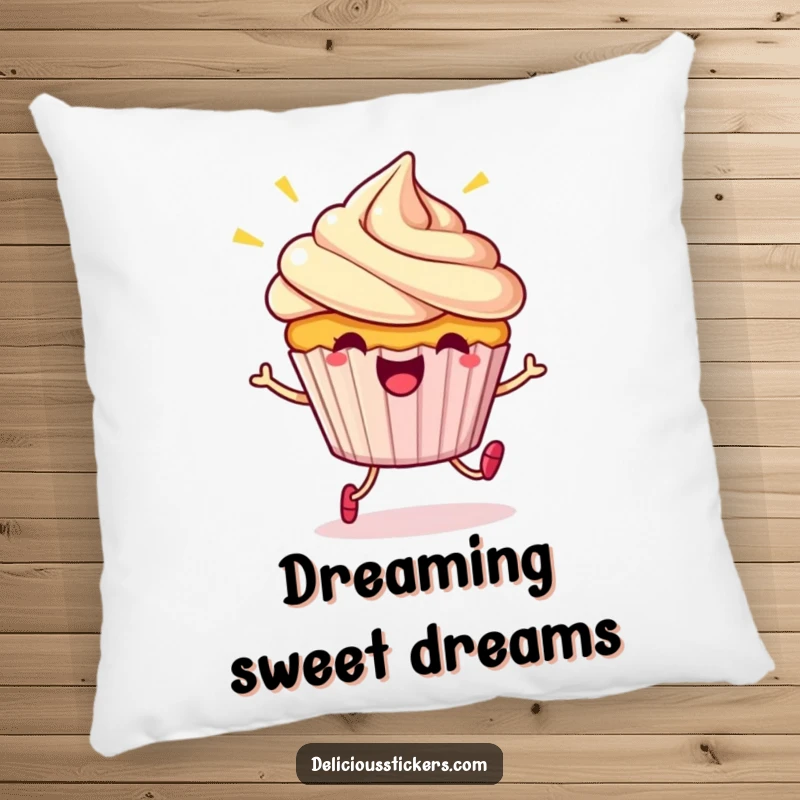 Funny Pillow: A beaming cupcake character doing a little hop, offering cartoonish comfort and cheerful vibes.