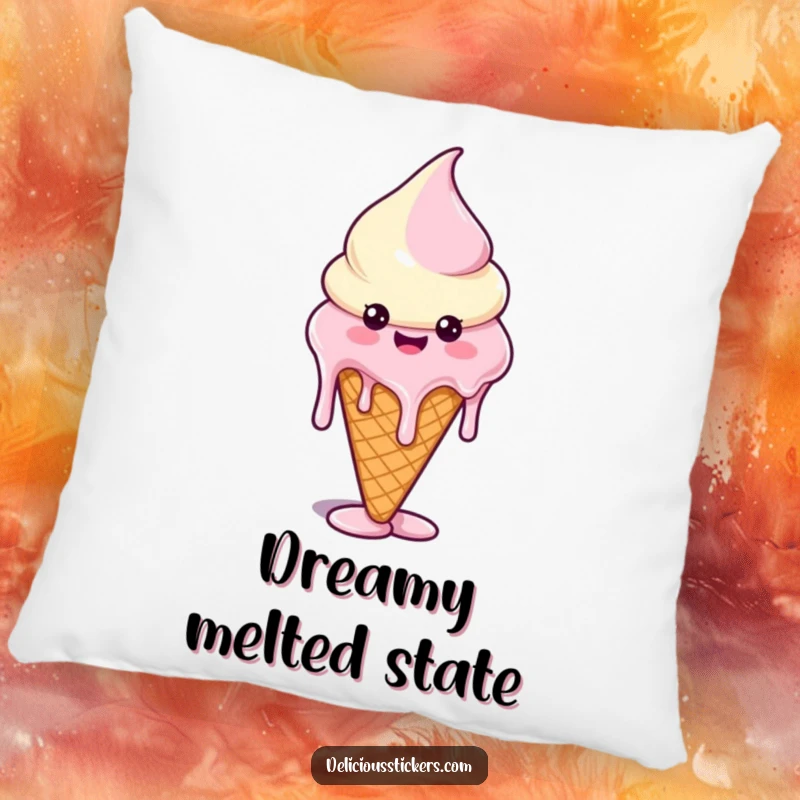 Funny pillow depicting a melting ice cream cone character with drips forming funny shapes, perfect for whimsical comfort.