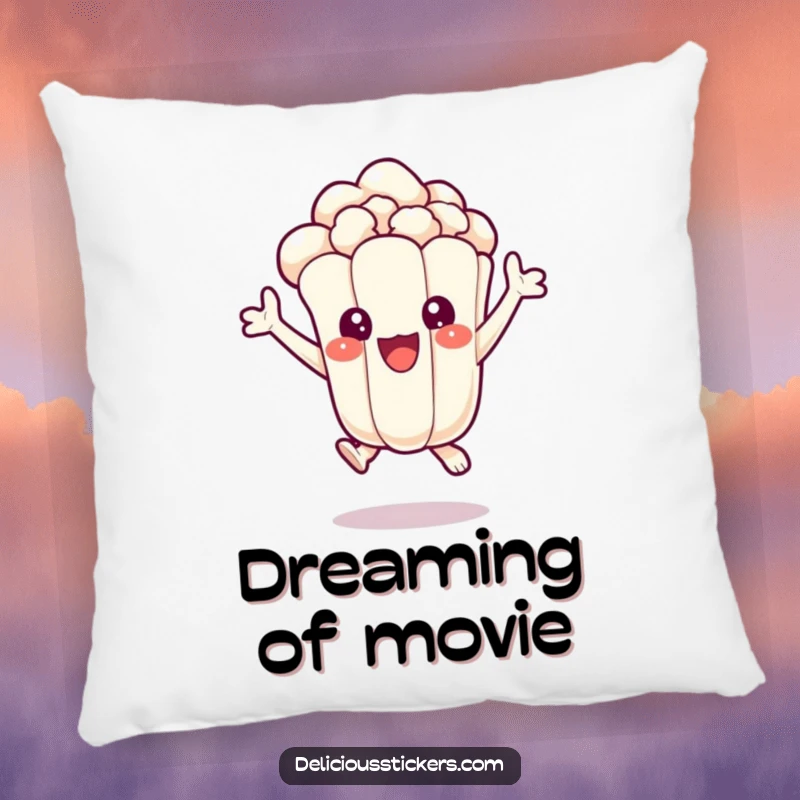 Funny pillow featuring an ecstatic popcorn kernel character jumping with excitement, perfect for movie lovers and adding fun to any room.