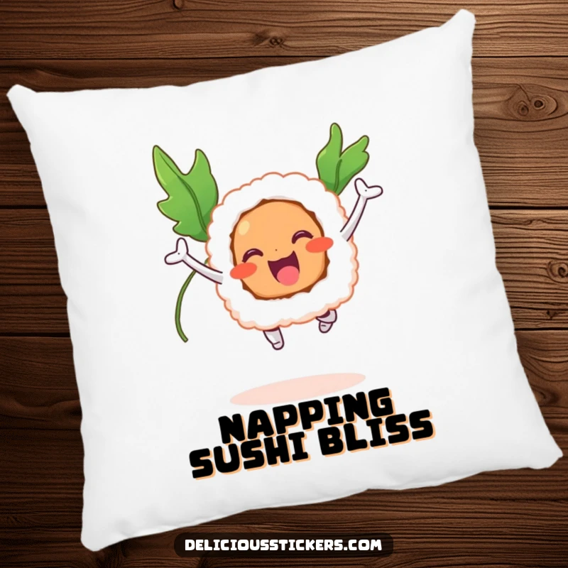 Funny pillow with a smiling sushi roll doing a joyful mid-air jump with seaweed wings.