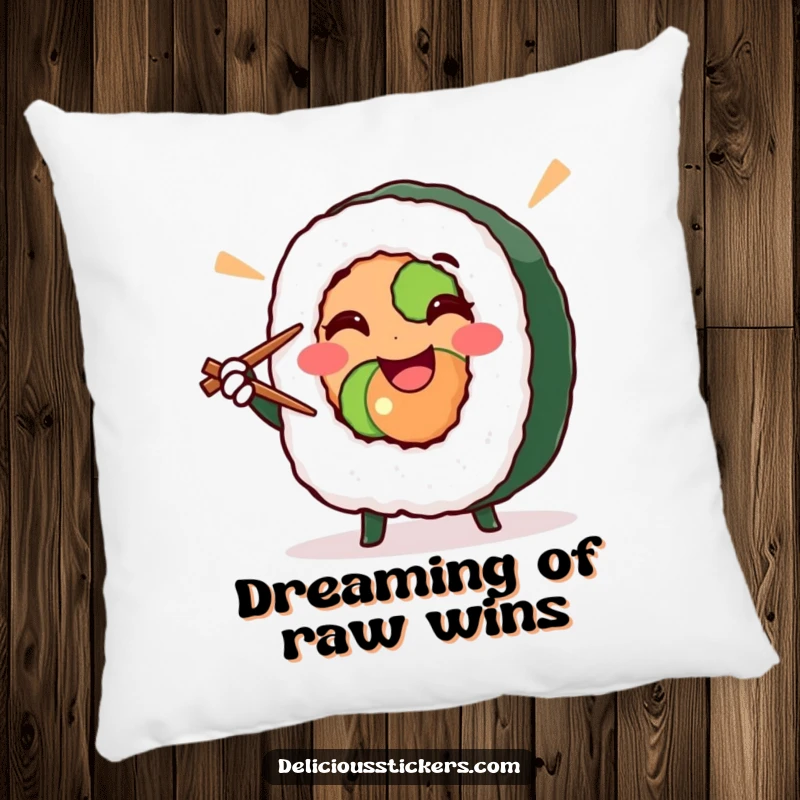 Funny sushi roll doing a victory pose with chopsticks, this soft pillow is a humorous food-themed item, ideal funny gift.