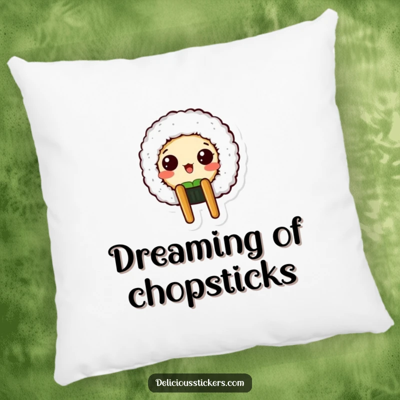 Funny pillow featuring a surprised sushi roll character peeking from a chopstick holder, perfect for themed decor.