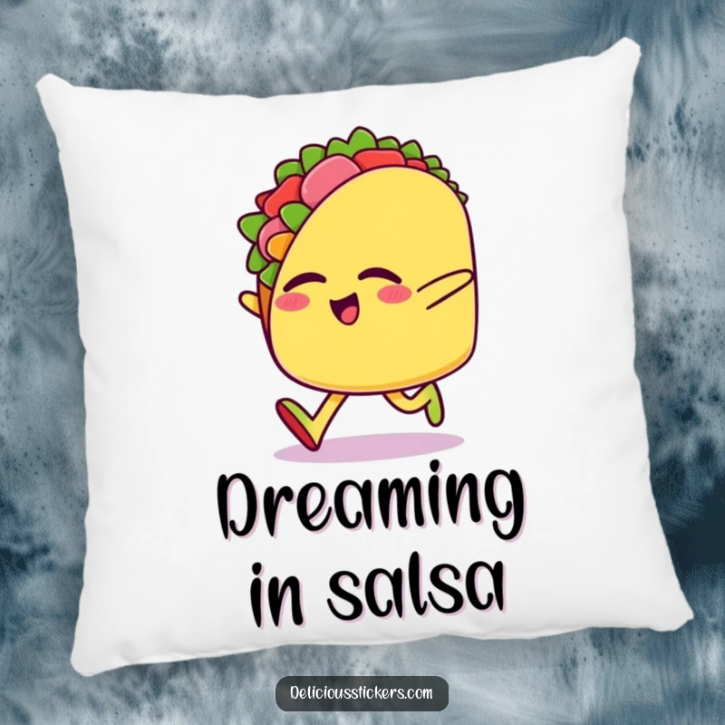 Funny pillow featuring a happy taco character in a fun sideways skip with eyes closed, bringing cozy, edible cheer.