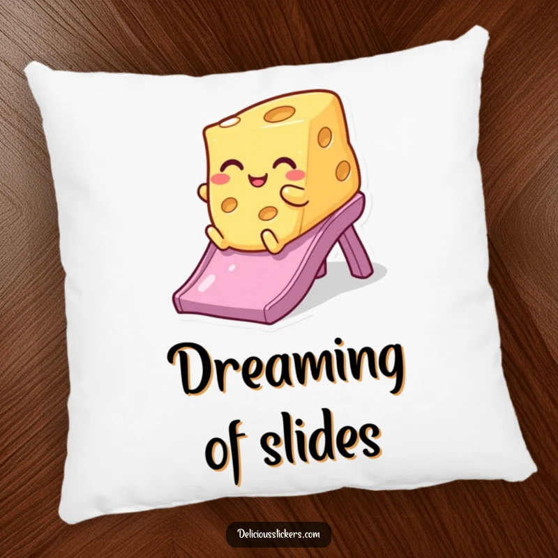 Funny winking cheese pillow, captured mid-slide with a cheeky wink, perfect for adding humorous coziness to any space.