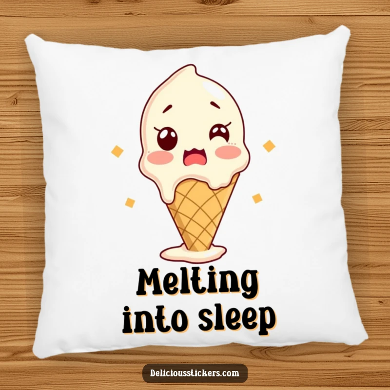 Funny pillow featuring a shocked, melting ice cream cone, providing sweet comfort and humor for sofas and beds.