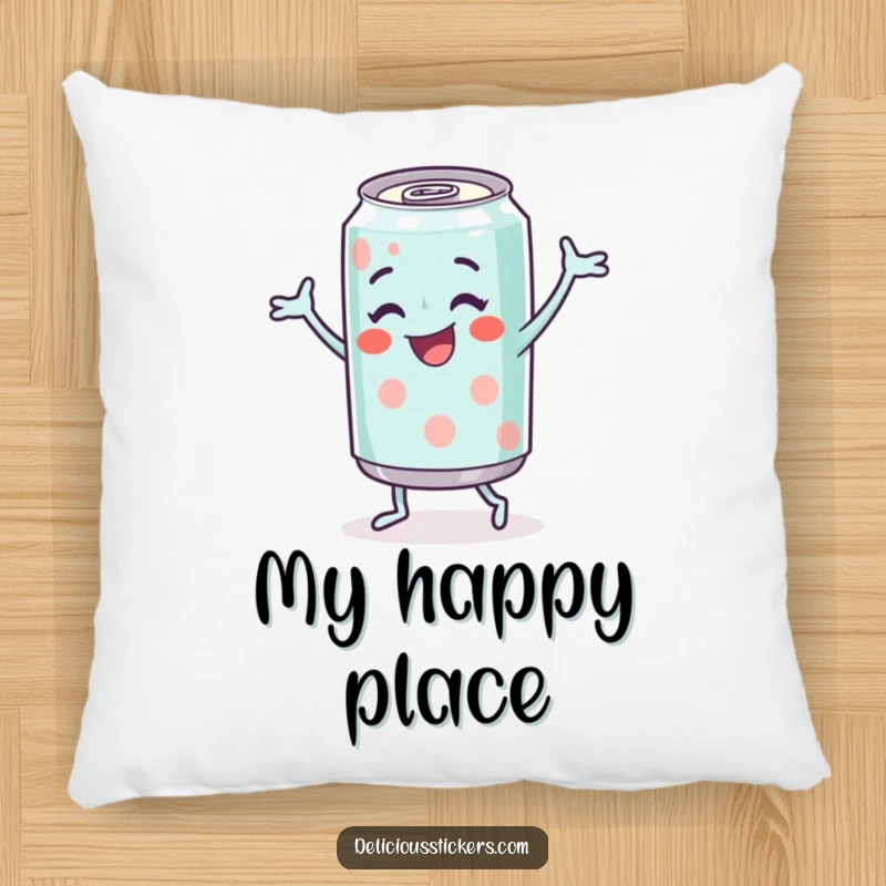 Funny Soda Can Pillow featuring a cheerful soda can character doing a happy dance, soft and full of movement.