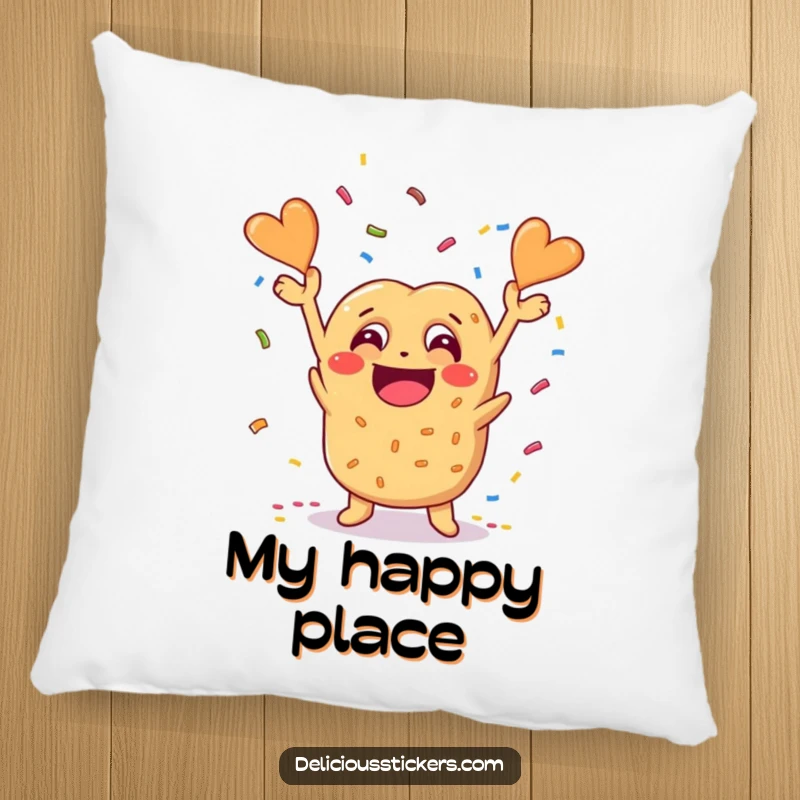 Funny pretzel character throwing confetti on a throw pillow, offering comfort and a dose of cheesy humor.