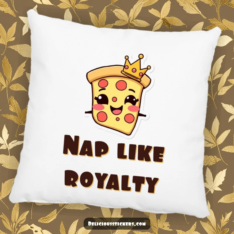 Funny Pillow with a grinning pizza slice character wearing a tiny crown, offering cozy comfort and cheesy charm.