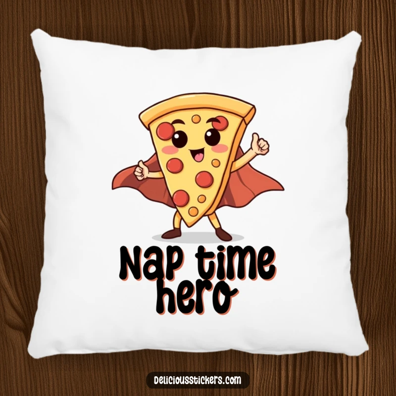 Funny Hero Pizza Slice Pillow: A soft pillow featuring a proud pizza slice in a cape striking a heroic pose.