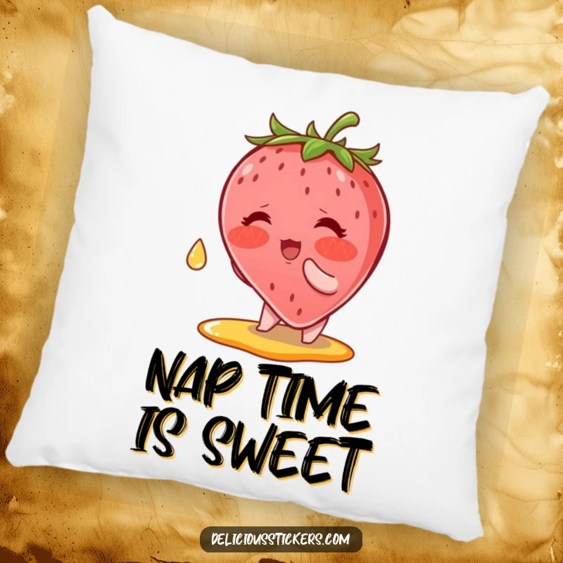 Funny Pillow: A blushing strawberry character reaching for a syrup drop, providing cute and soft cartoon comfort.