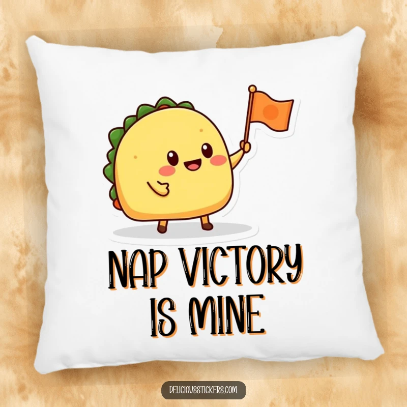 Funny throw pillow featuring a happy taco character enthusiastically waving a tiny flag, designed for comfort and smiles.