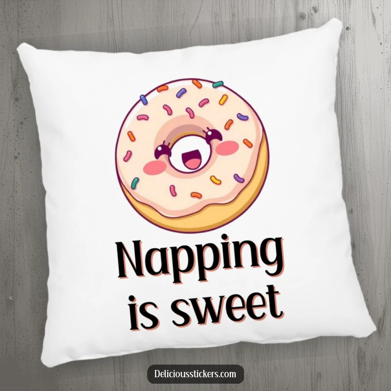 Funny Pillow: A happy donut with colorful sprinkles bounces with excitement, bringing soft, sweet humor and comfort to any room.