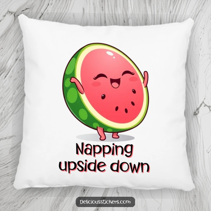 Funny throw pillow featuring a winking watermelon slice in an impressive handstand, bringing a playful, summery touch to any seating area.