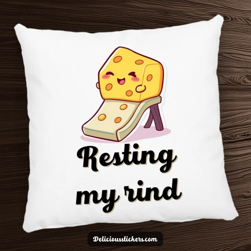 Funny winking cheese pillow, a soft cushion featuring a slice of cheese sliding down a slide with a playful wink.
