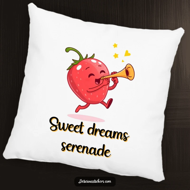 Funny throw pillow featuring a jumping strawberry character playing a tiny trumpet, designed for comfort and a touch of whimsy.