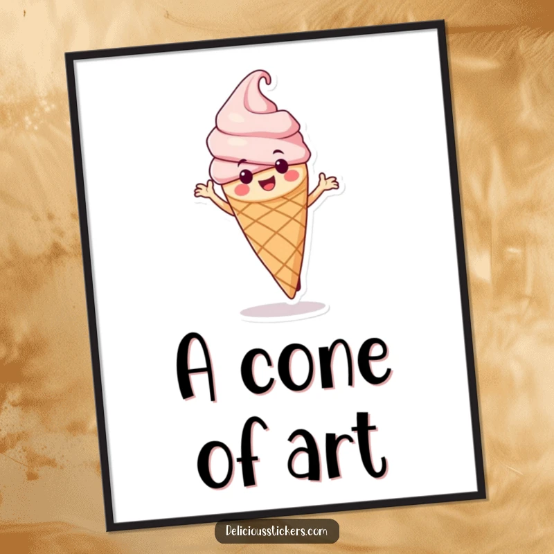 Funny ice cream cone digital art print of the character in a lively spin, ready to be printed and displayed for instant humor.