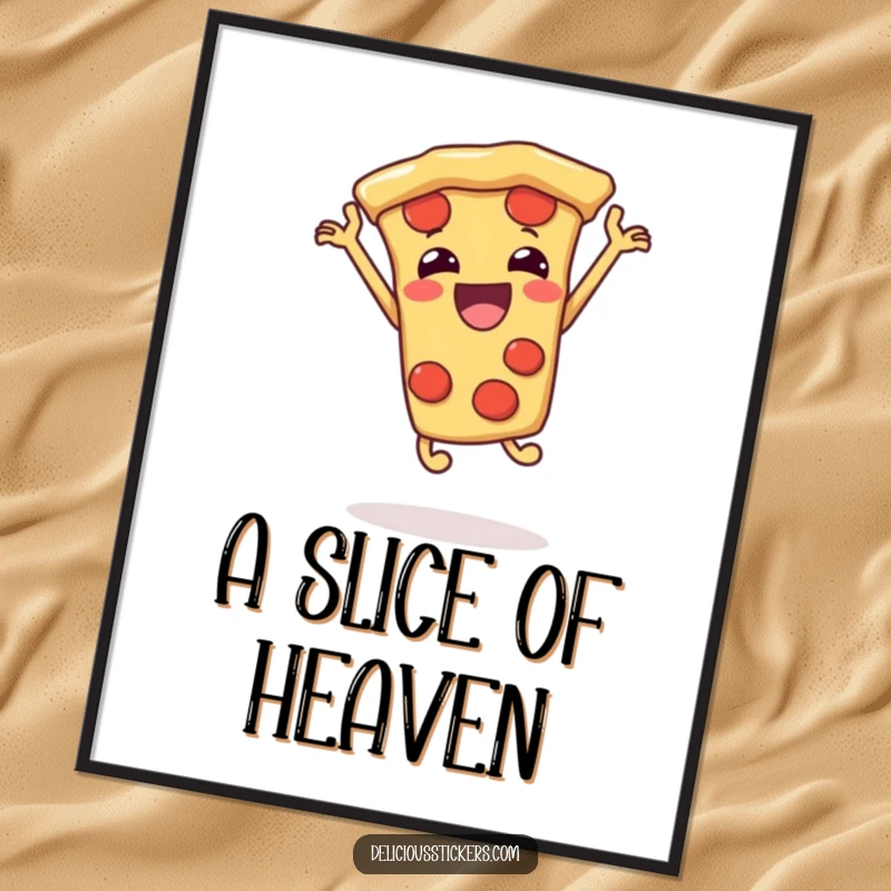 Funny pizza slice digital art jumping, cartoon celebration, instant humorous decor for walls.