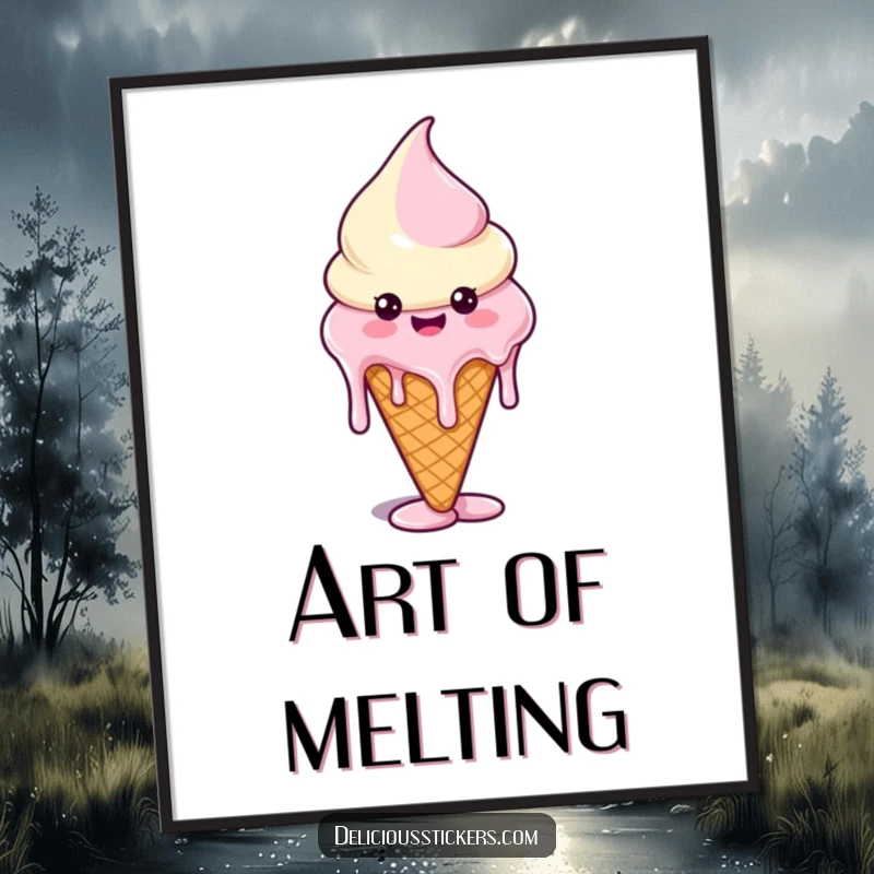 Funny digital art of a melting ice cream cone character with drips forming funny shapes, symbolizing joy and sweetness.