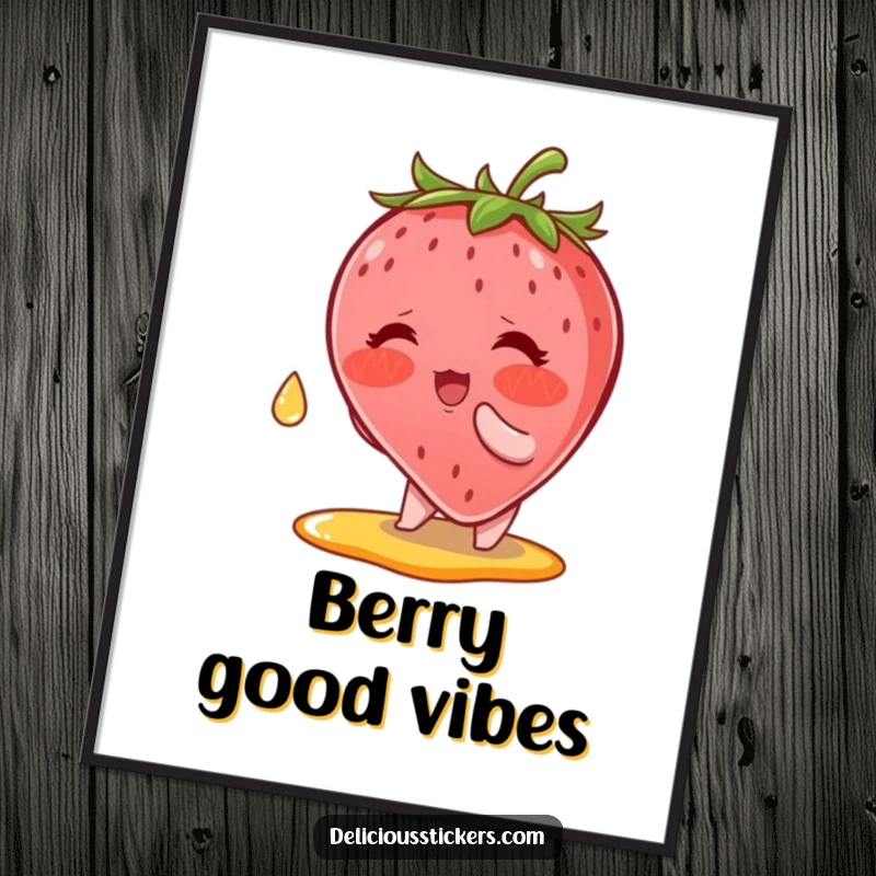 Funny Digital Art Print: Blushing strawberry character reaching for a syrup drop, perfect for cute and sweet digital decor.