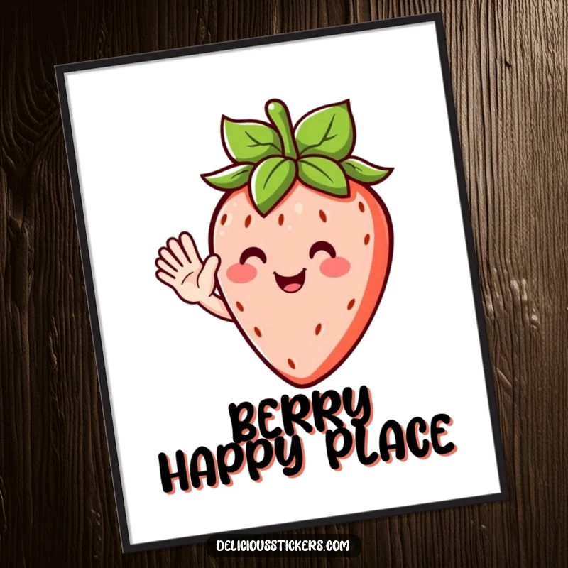 Funny digital art print of a happy strawberry character with leafy hair, waving enthusiastically with a cheerful disposition.