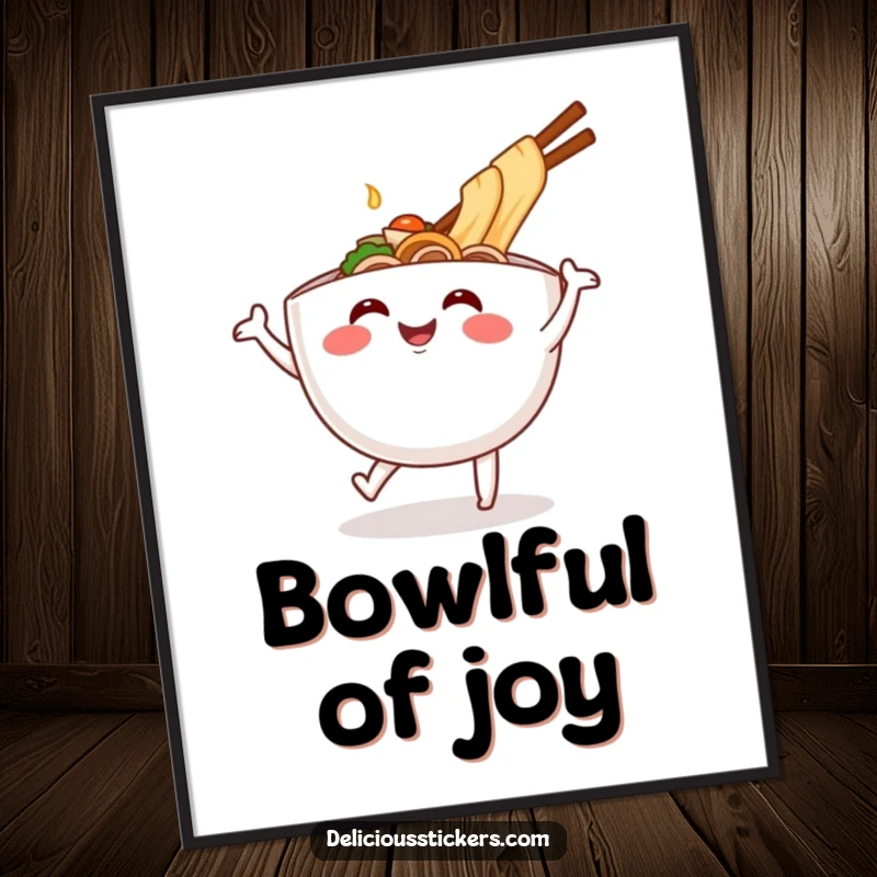 Funny ramen bowl dance digital art print, cheerful cartoon noodles artwork, instant downloadable humor for walls.