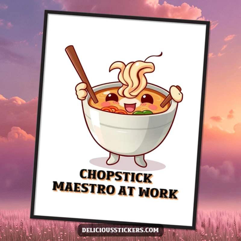 Funny digital art print of a cheerful ramen bowl character masterfully waving chopsticks like exciting batons, creating a lively and humorous visual.