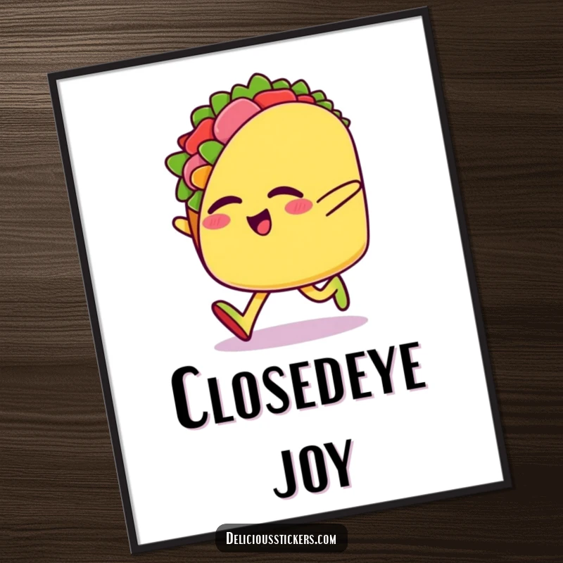 Funny digital art print of a happy taco character joyfully skipping sideways with eyes closed, radiating edible happiness.