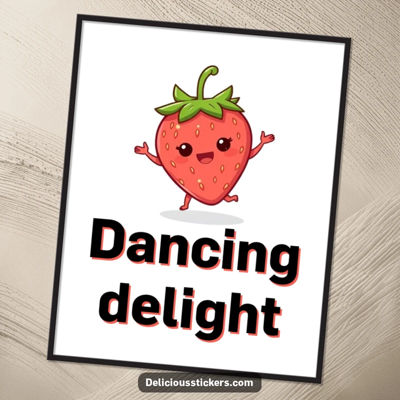 Funny strawberry joy digital art print of a delighted strawberry doing a happy little jig with its leaves, symbolizing joy.