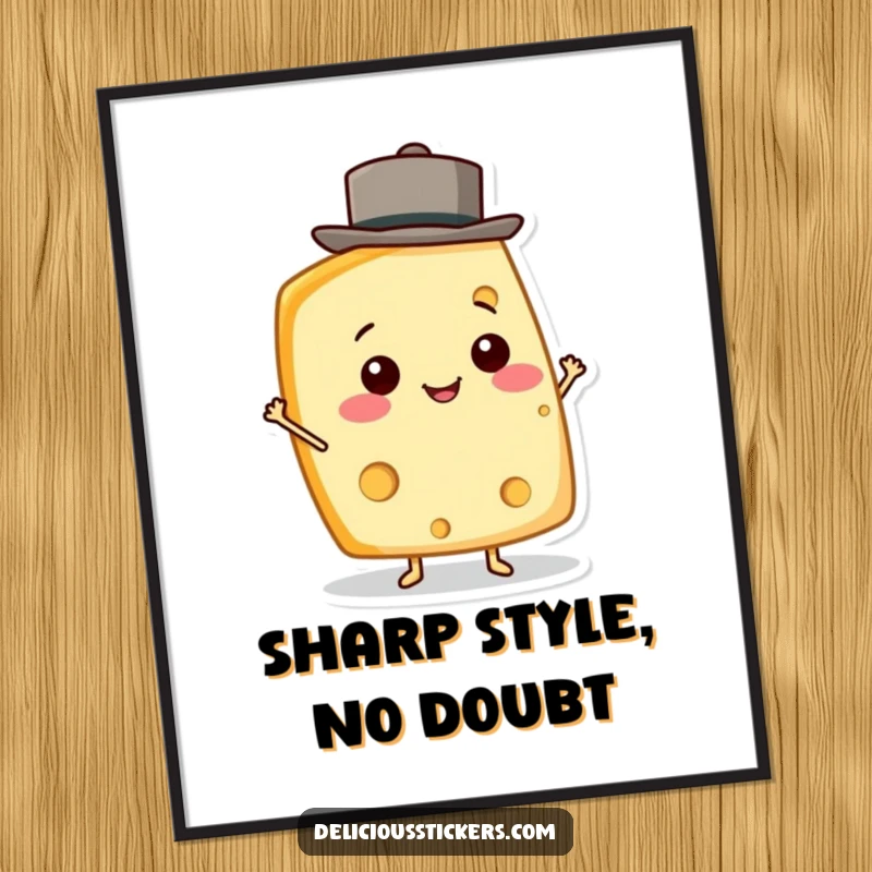 Funny Cheese Wedge Digital Art Print of a smiling cheese character balancing a hat, vibrant and cheerful illustration.