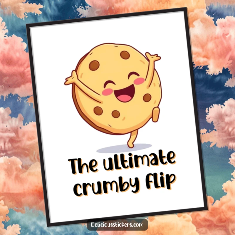 Funny cookie digital art print of the character doing a cartwheel with a smile, ready to be printed for instant humorous wall decor.