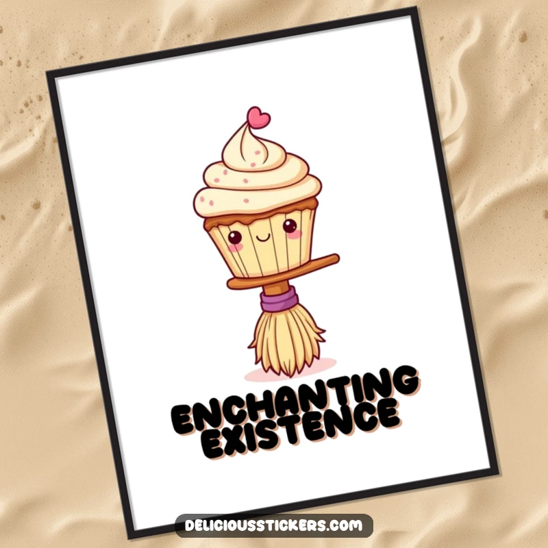 Funny digital art print of a cute cupcake balancing on a broom, offering instant whimsical charm and a touch of magical humor.