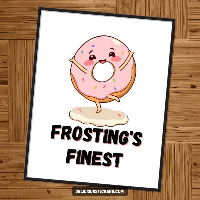 Funny digital art print of a joyful donut character doing a ballet twirl on frosting, perfect for whimsical decor.