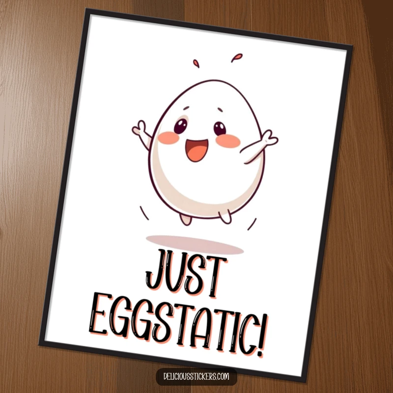 Funny digital art print of a cheerful egg character doing a silly flip, bringing breakfast humor and playful energy to your walls.