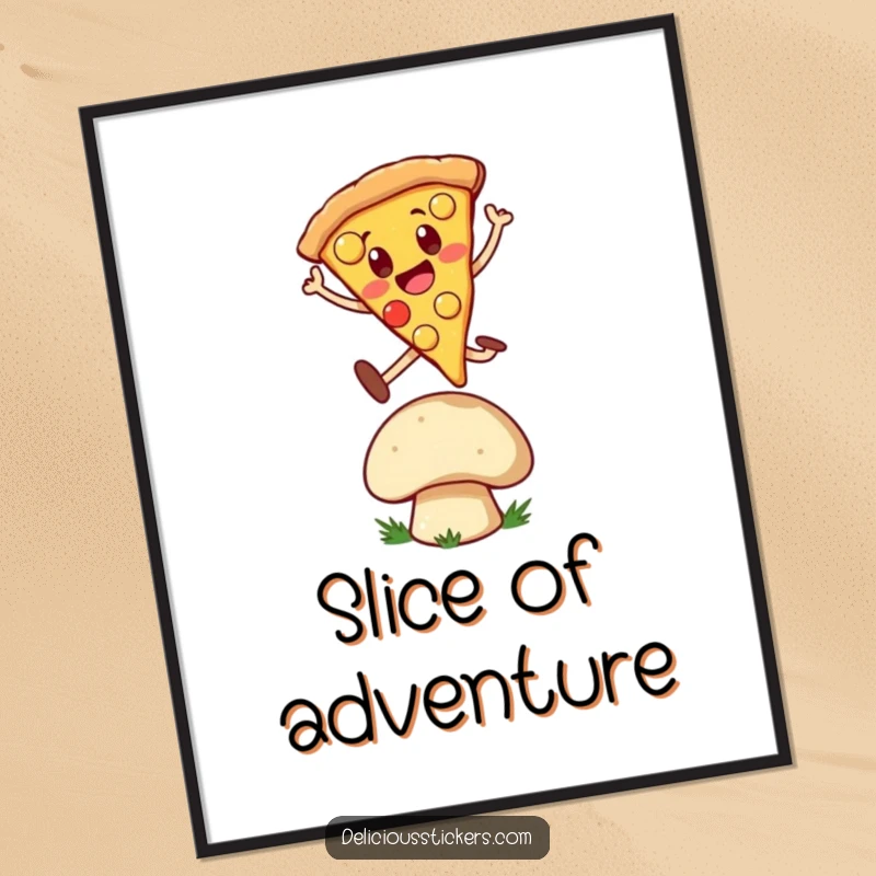 Funny Digital Art Print: Cheerful pizza slice character dynamically leaping over a mushroom, perfect for whimsical digital decoration.